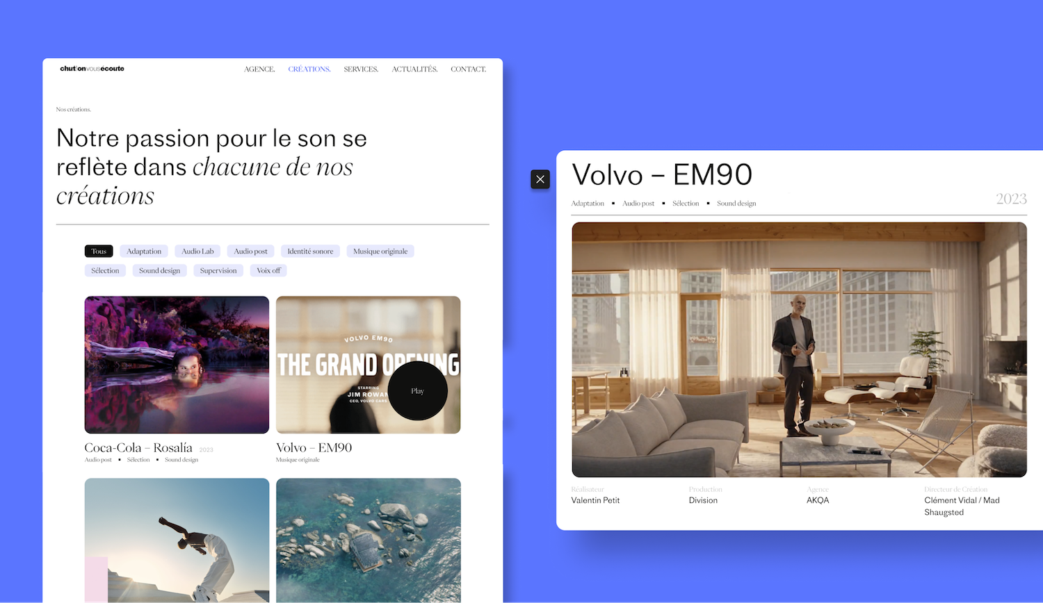 Maquette de pages Réalisations / Portfolio pour un studio créatif de design sonore